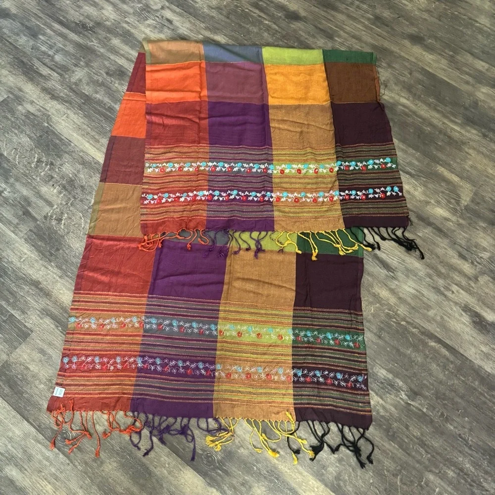 🛍️2/$10🛍️Embroidered Multicolor Fringe Scarf - Gold, Purple, Green, Burgundy - Picture 2 of 5